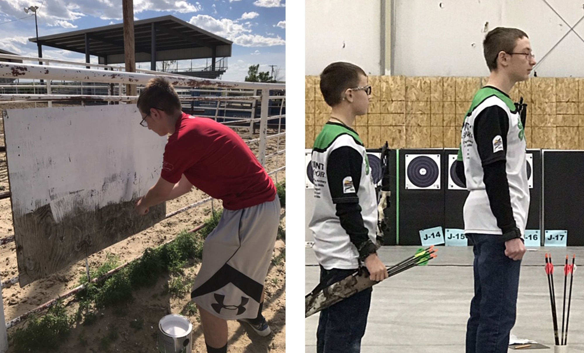 Ryan Sell re-painting a sign at a 4-H facility. Right: Ryan Sell lined up at an archery event.