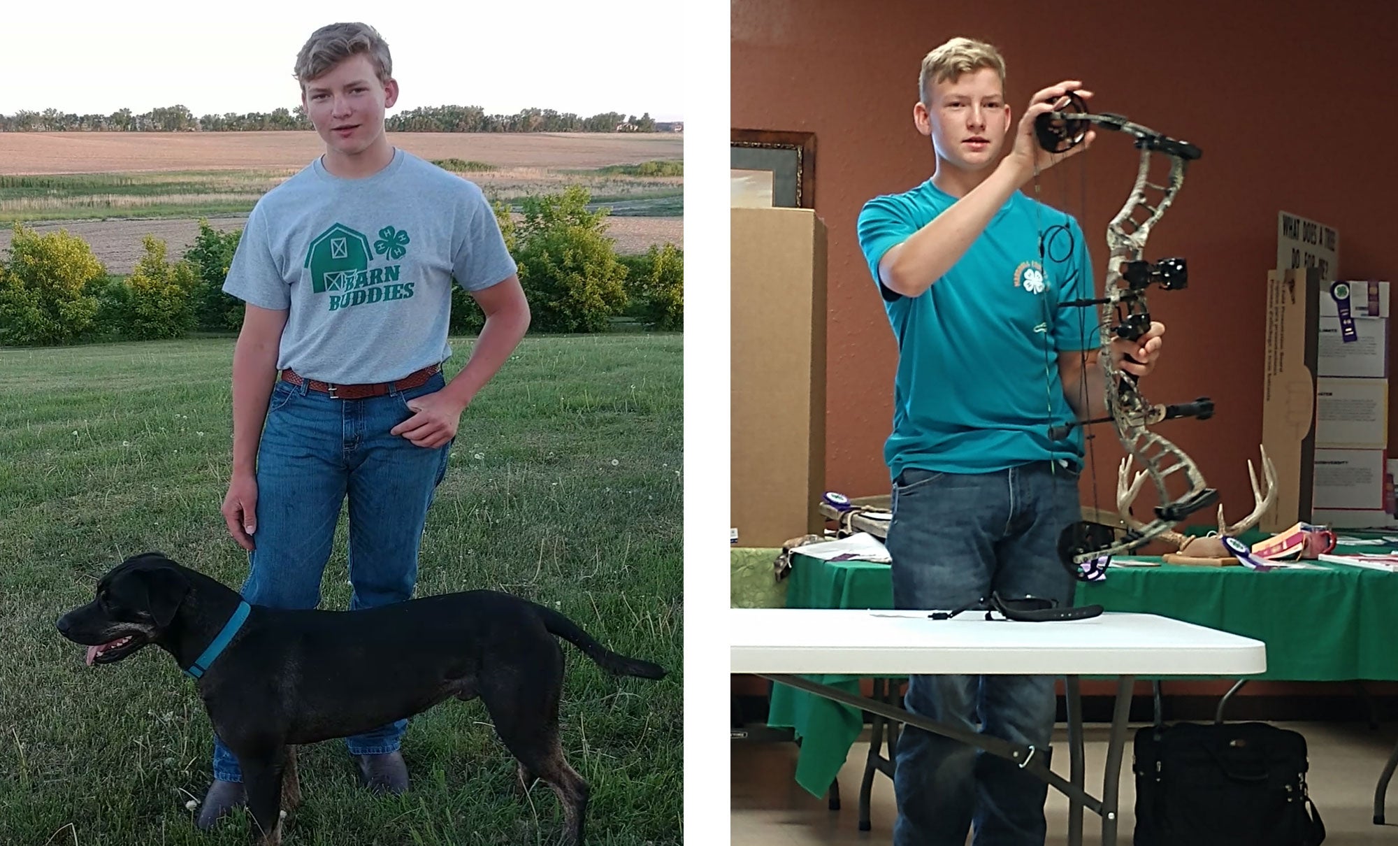Left: Carter Effling standing with a black dog. Right: Carter Effling doing an archery demonstrating at a table.