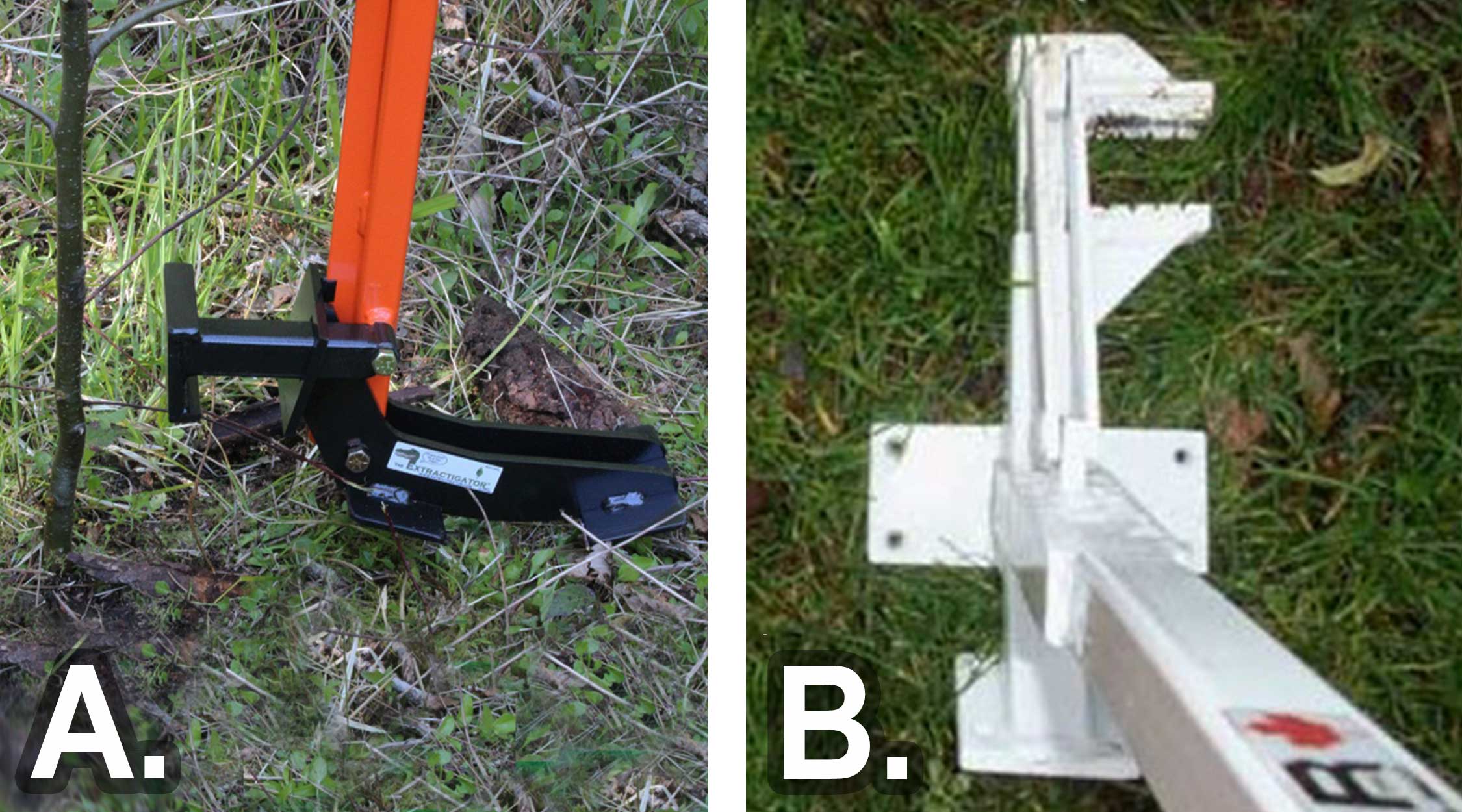 Left: Figure 5-A Exractigator® tree removal tool. Right: Figure 5-B Pullerbear® tree removal tool.