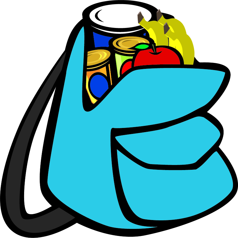 blue backpack with fruits and canned goods in the top