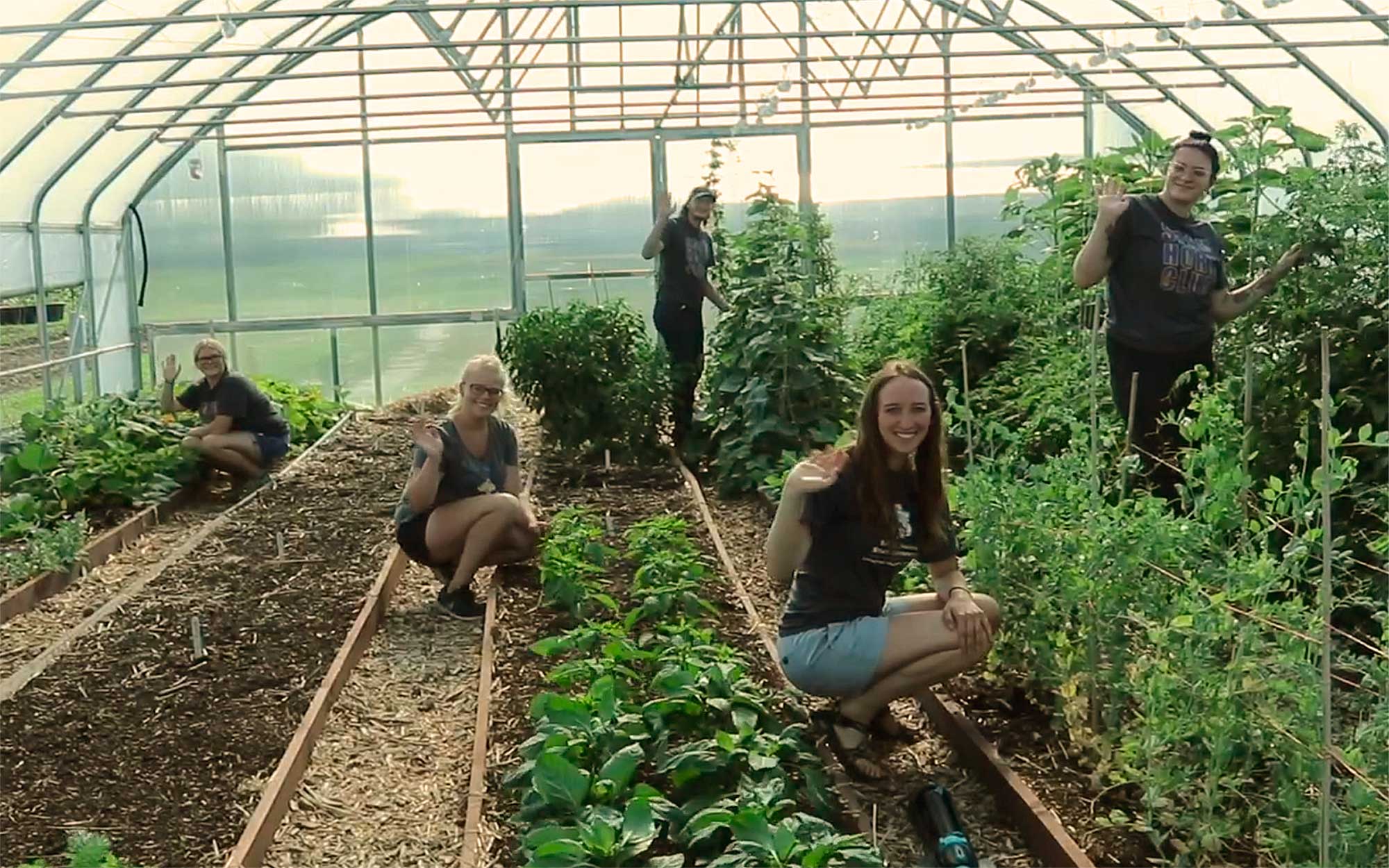 Group of local foods education center staff inside high tunnel.