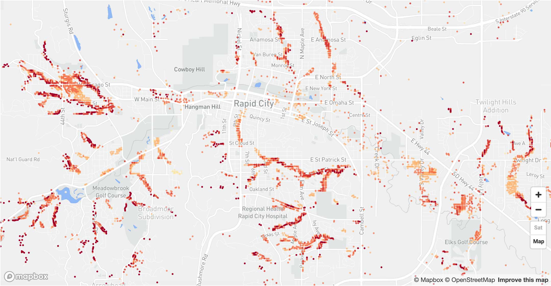 Color-coded map of the Rapid City area showing flood risk scores.