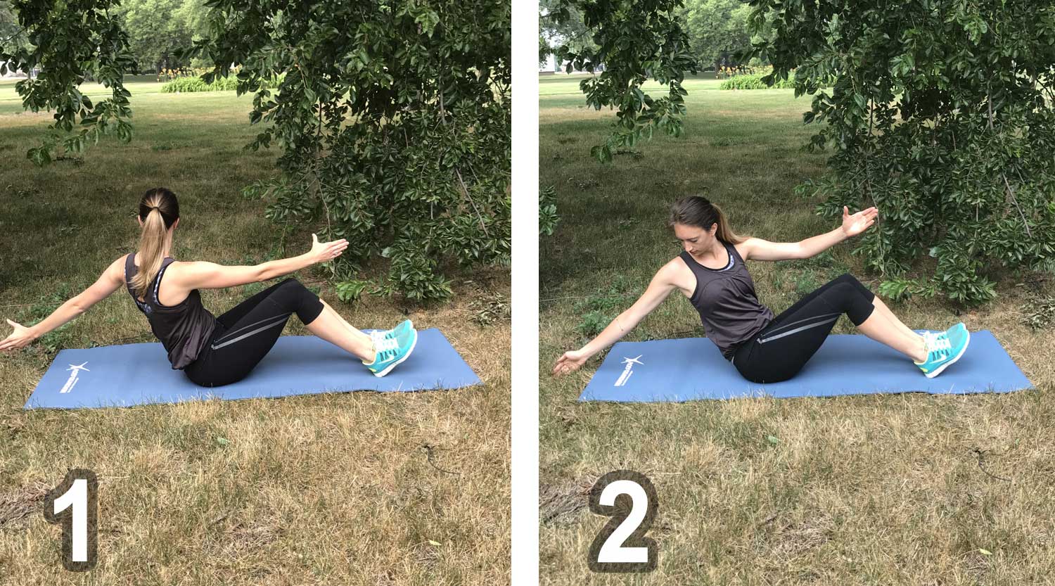 Young woman demonstrating arm pump twist exercise movements. For a complete description, call SDSU Extension at 605-688-6729.