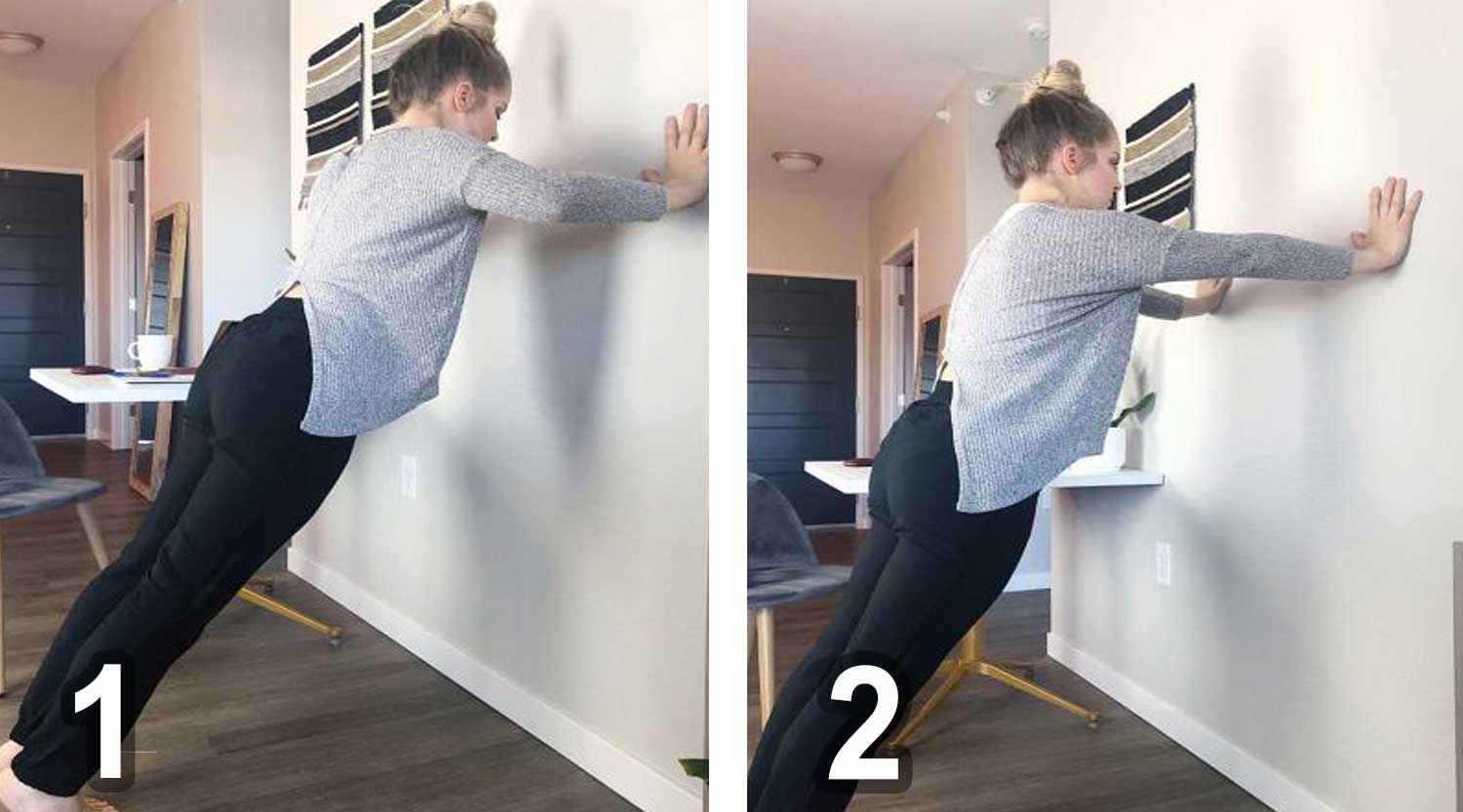 Young woman demonstrating wall push-up exercise movements. For a complete description, call SDSU Extension at 605-688-6729.
