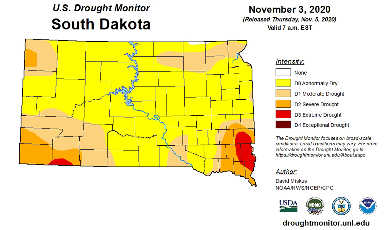 U.S. Drough Monitor Map for South Dakota. Conditions range from extreme drough in the Southeast and Southwest to abmornal to moderate in the rest of the state.