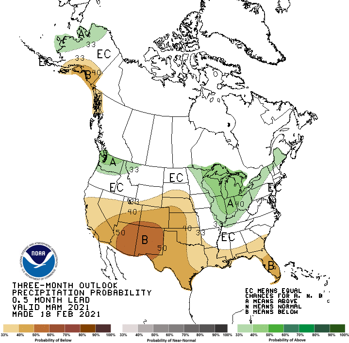 a map of North America with green and brown shading indicating an increased likelihood of drier than average conditions