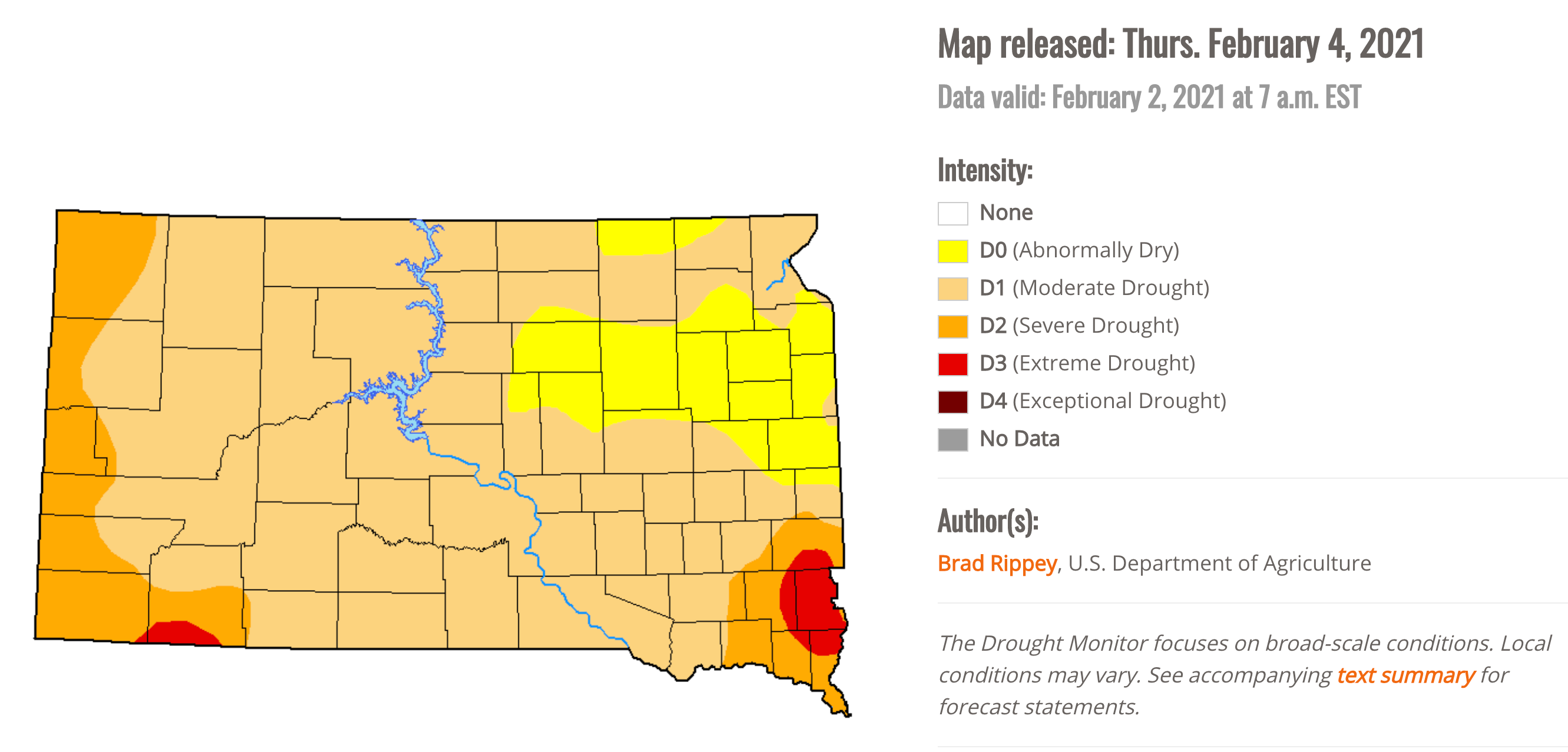 The U.S. Drought Monitor map for South Dakota. The majority of the state is experiencing moderate drought, with pockets of severe to extreme drought in the Southeast and Southwest.