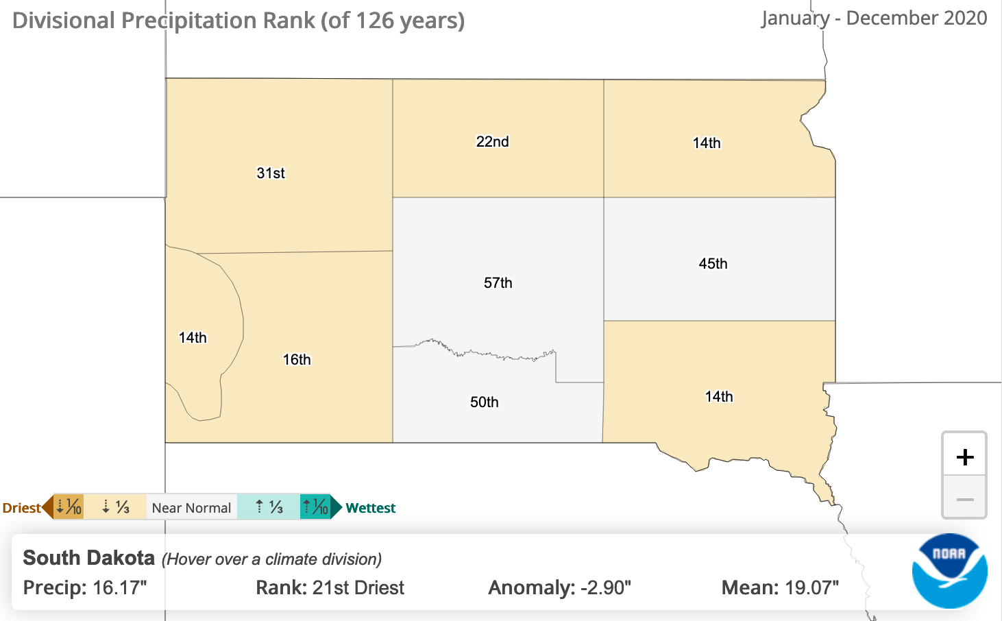 Map of South Dakota showing divisional precipitation rankings. For a complete description, call SDSU Extension at 605-688-4792.