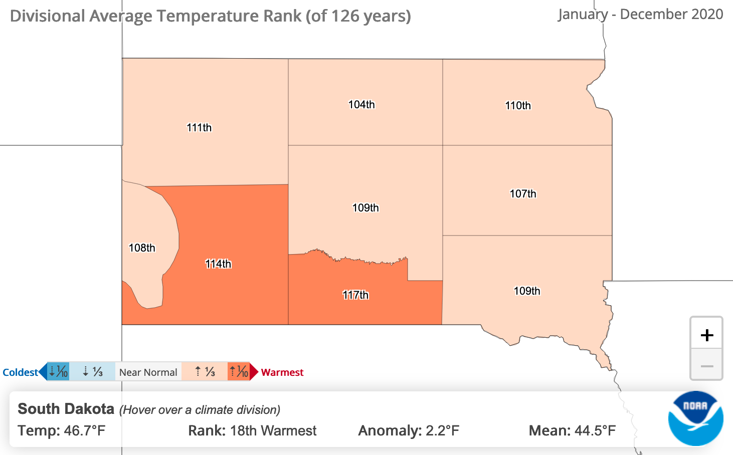 Map of South Dakota showing divisional average temperature rankings. For a complete description, call SDSU Extension at 605-688-4792.