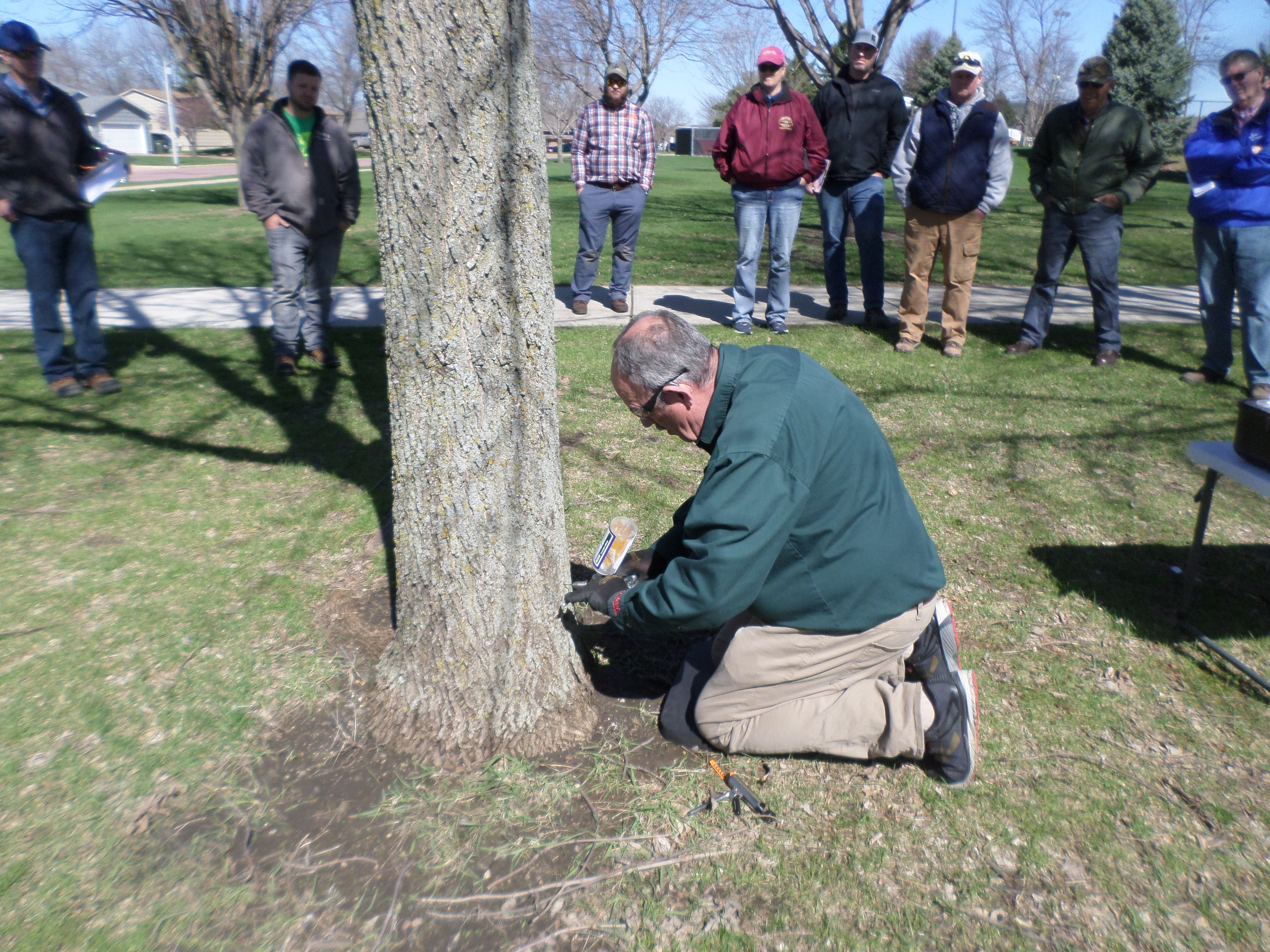 a man kneeling beside a tree with a group of people around him