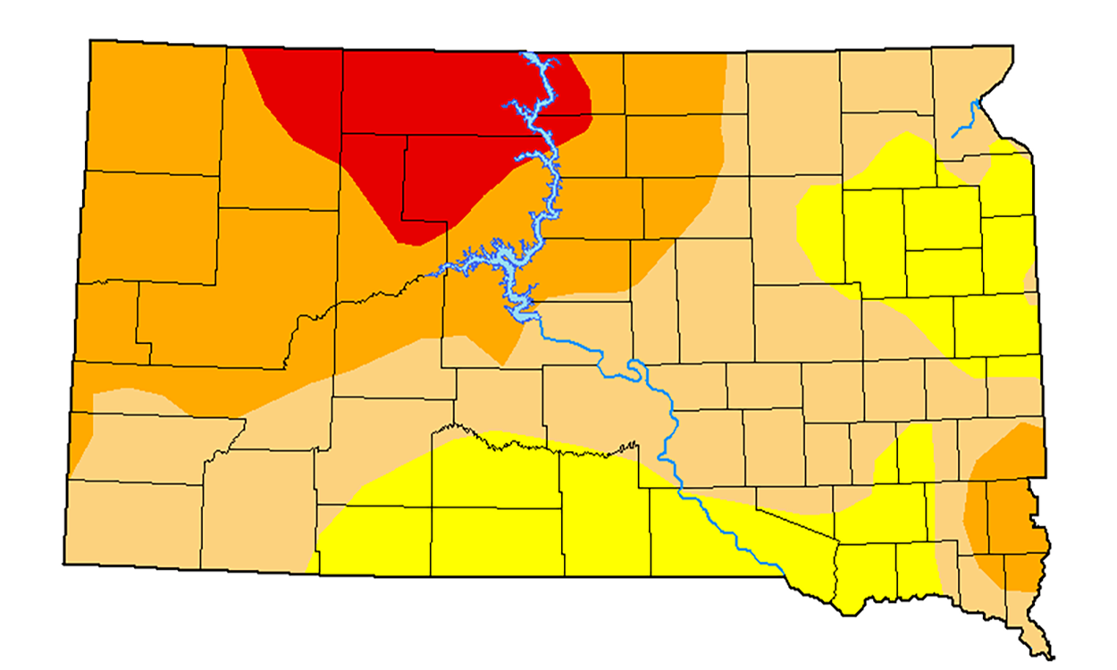 Color-coded drought monitor map of South Dakota. As of April first, Northeast South Dakota is facing extreme drought, while the rest of the state is under abnormally dry to severe drought conditions.