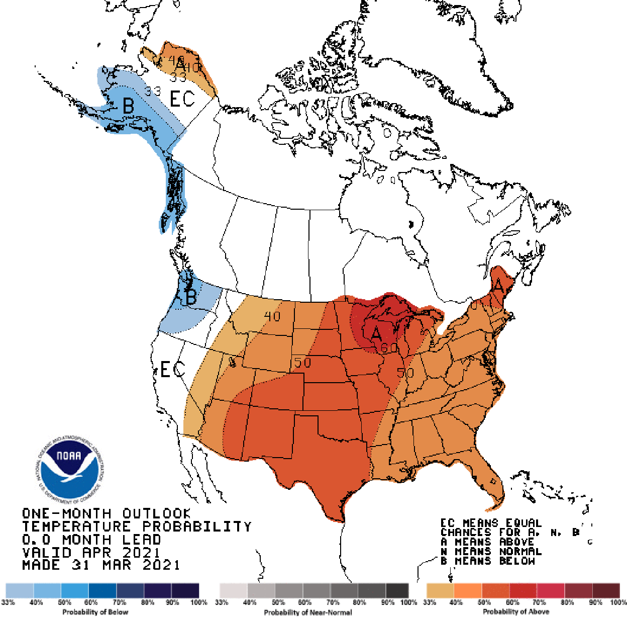 Color-coded map of the United States showing the one-month temperature outlook for April 2021.
