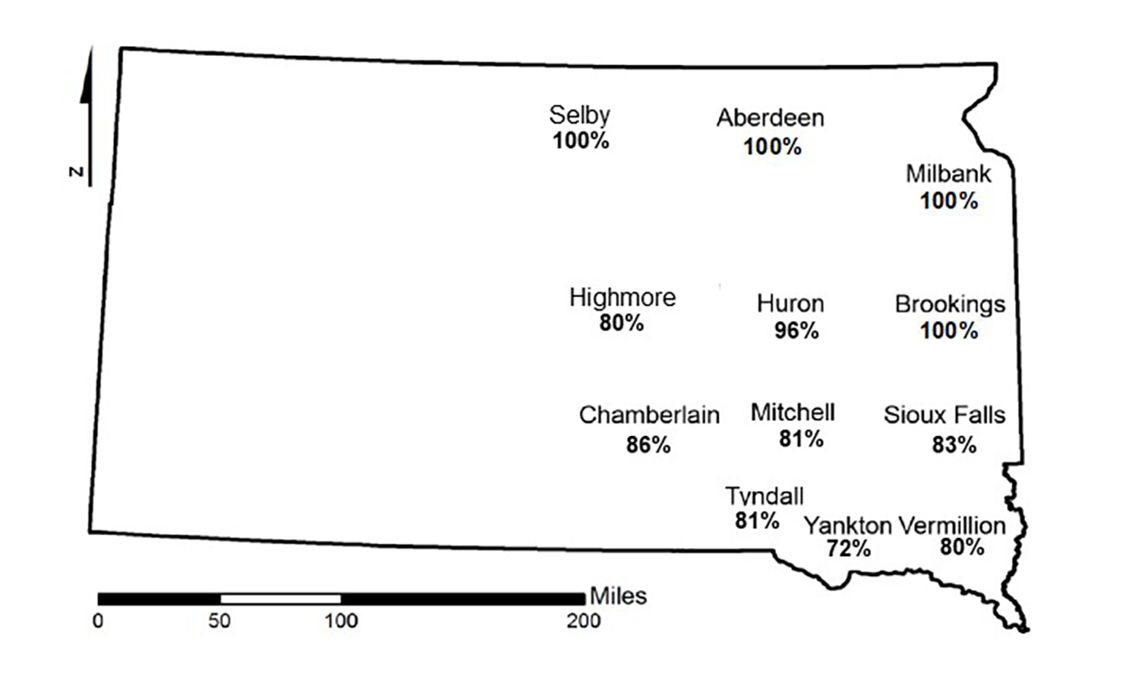 A map of South Dakota displaying the predicted bean leaf beetle mortalities based on air temperatures at or below 14 degrees Fahrenheit or colder for South Dakota. Eight of the 12 locations have 100% mortality.