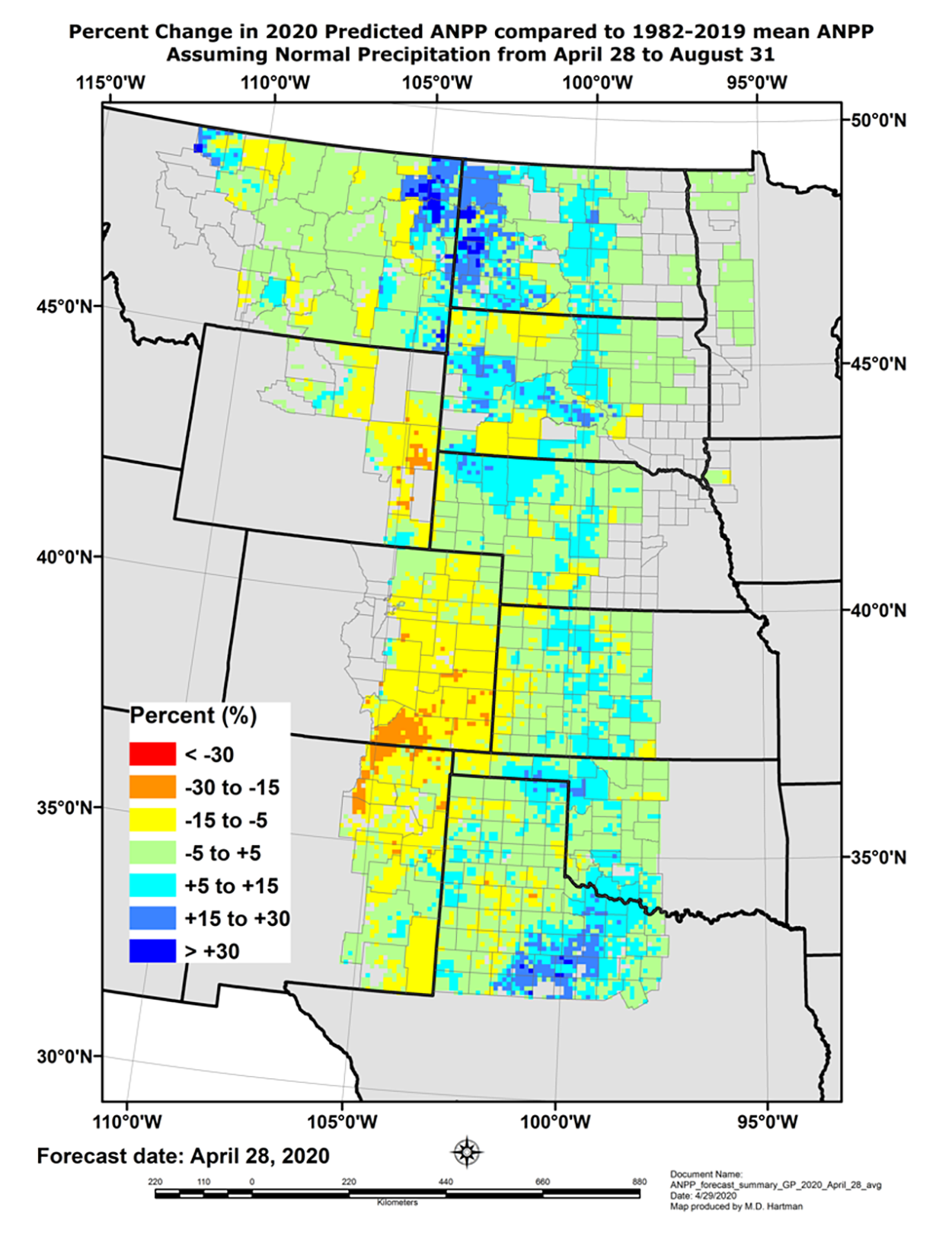 Color-coded map of the Midwest showing the percent change in 2020 predicted annual net primary production (i.e. forage production) compared to the long-term average. For a complete description, call SDSU Extension at 605-688-4792.