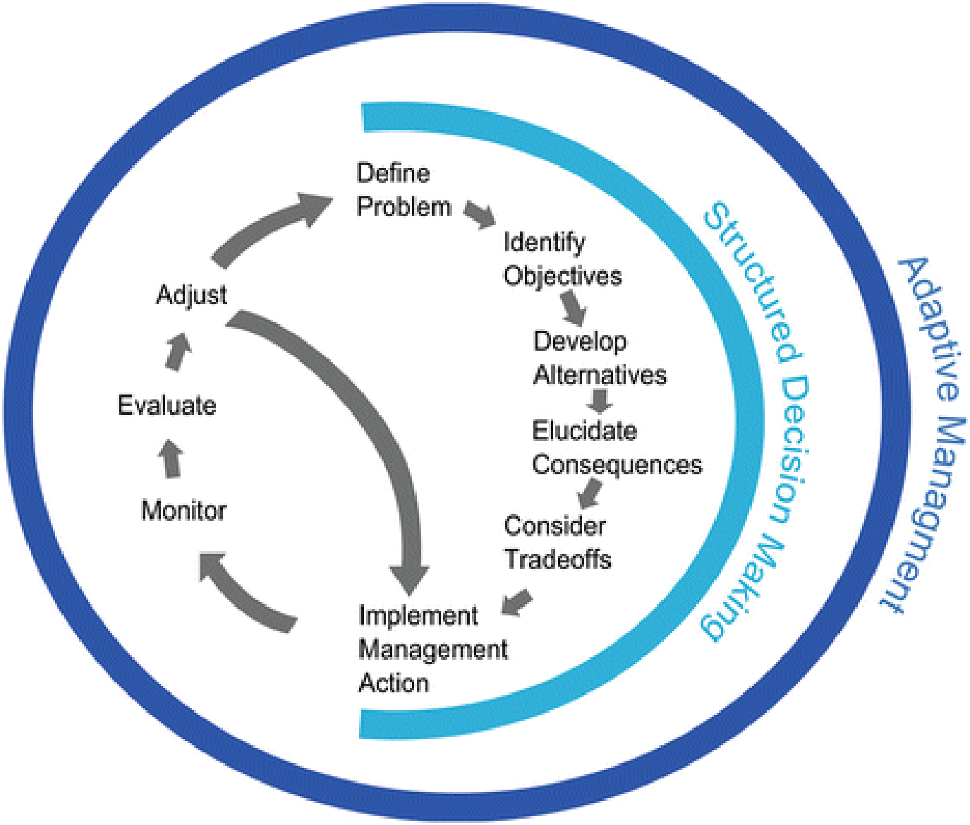 Diagram outlining the adaptive management cycle, breaking down several structured decision-making steps. For a complete description, call SDSU Extension at 605-688-4792.
