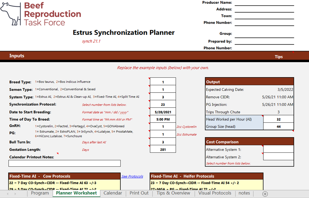 A screenshot of the 'planner worksheet' tab of 'Estrus Synchronization Planner' spreadsheet tool showing the user's input data. To learn more about the tool, visit the Iowa Beef Center website: http://www.iowabeefcenter.org/estrussynch.htmlenter.org/estrussynch.html