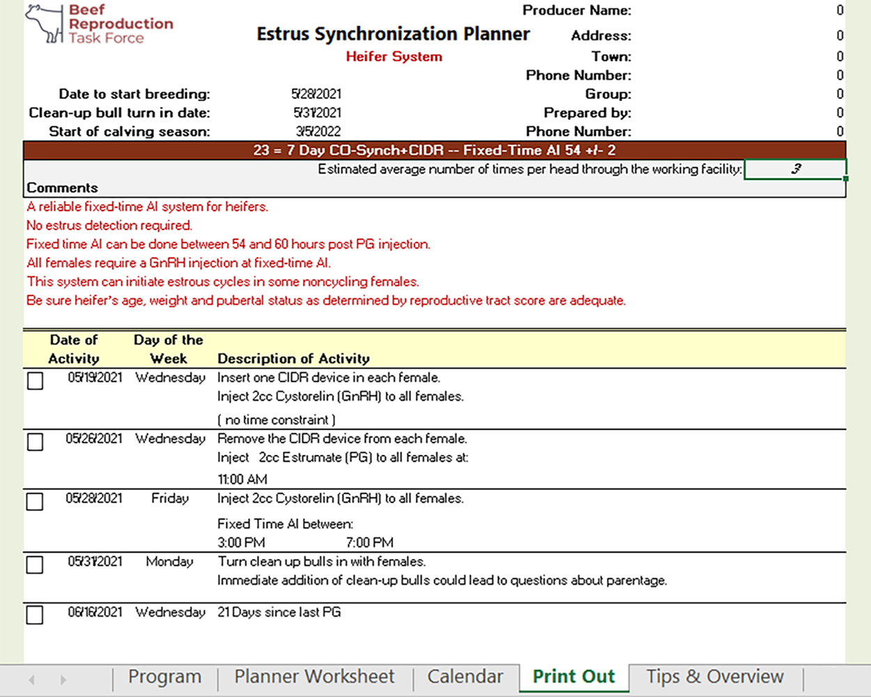 A screenshot of the 'activity planner' output of 'Estrus Synchronization Planner' spreadsheet tool showing the user's planned synchronization activities. To learn more about the tool, visit the Iowa Beef Center website: http://www.iowabeefcenter.org/estrussynch.html