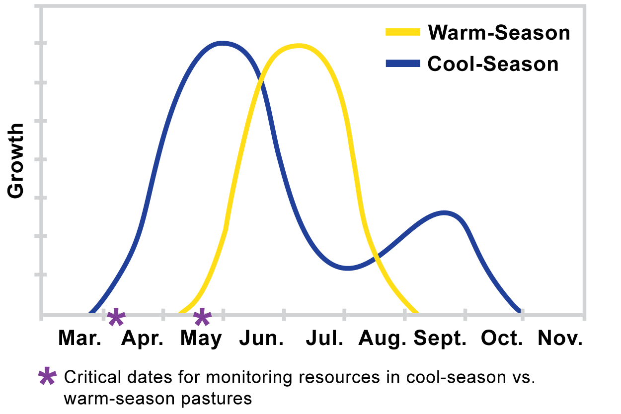 Line graph depicting warm-season and cool-season forage growth along with critical dates for monitoring cool-season resources (early-April) and warm-season resources (mid-May). For help understanding this graph, call SDSU Extension at 605-688-6792.