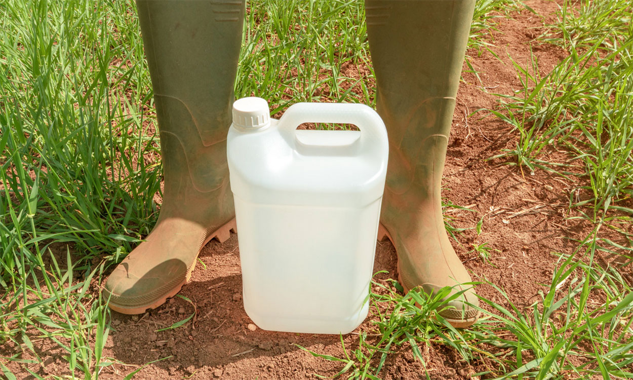 Farmer standing over insecticide jug in wheatgrass field