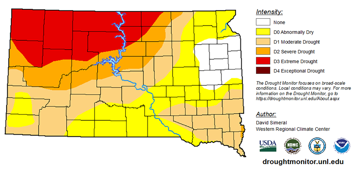 Color-coded drought monitor map of South Dakota. As of May 4, Northwest South Dakota is facing extreme drought, while the rest of the state is under abnormally dry to severe drought conditions. A Small portion of the northeast has adequate moisture.