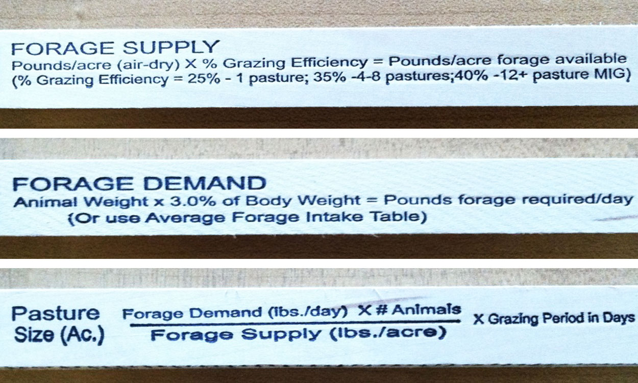 Grazing stick sections with equations for forage supply, forage demand and pasture size.