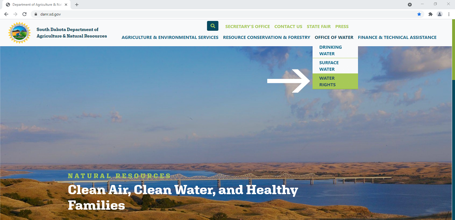 Water Rights tab on the South Dakota Department of Agriculture & Natural Resources (SD DANR) website. For more information, visit the SD DANR website: https://danr.sd.gov/default.aspx