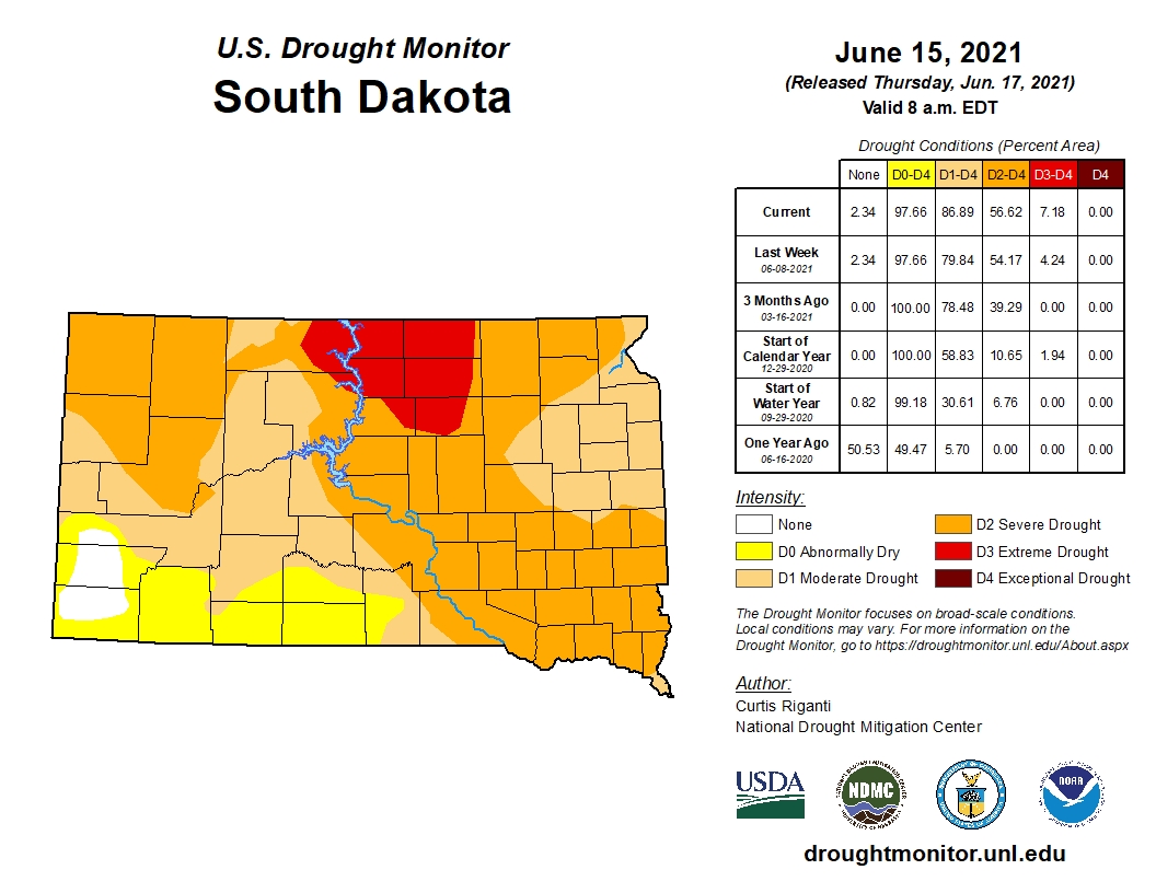 a map of South Dakota showing the levels of drought for June 2021