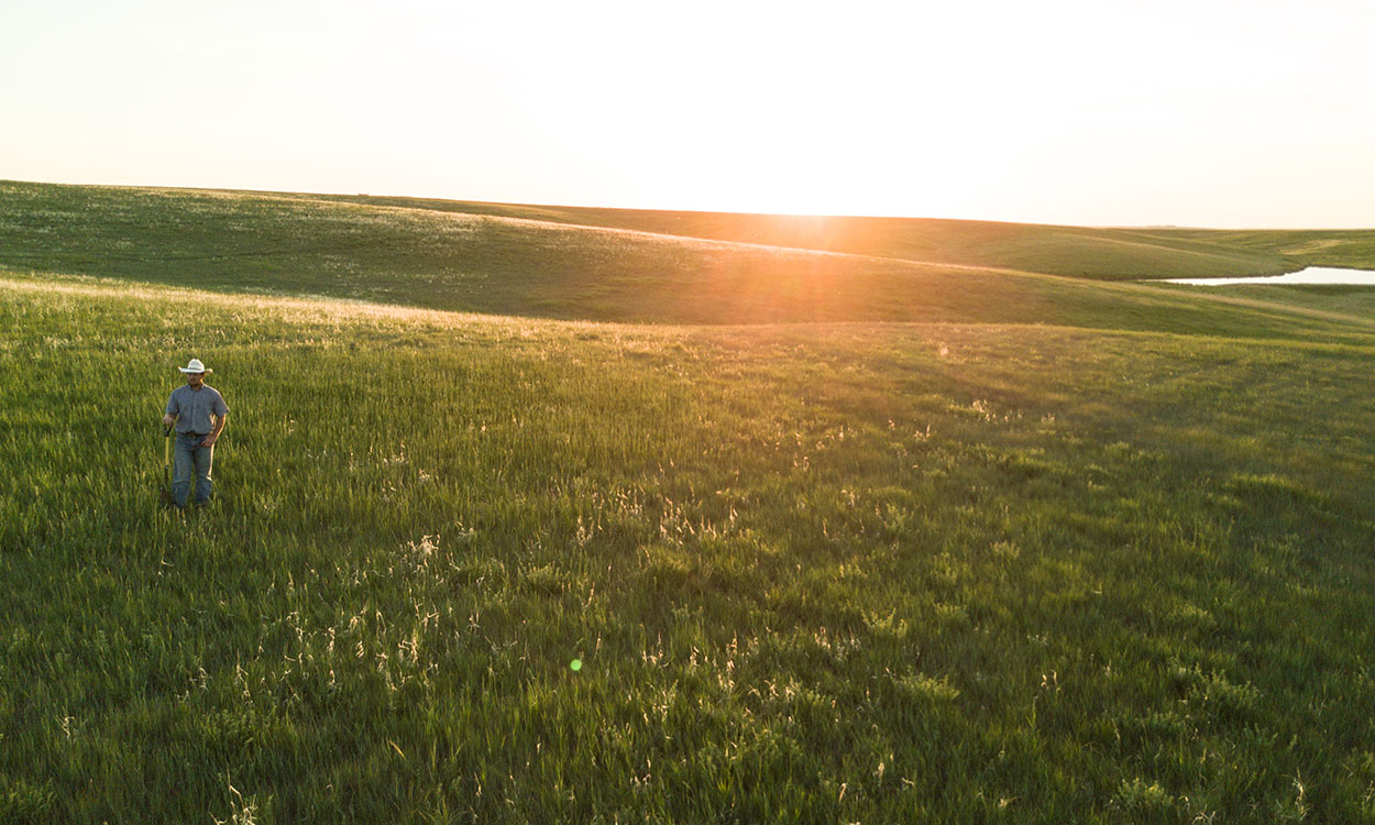 Rancher standing in a vast, rolling grassland.