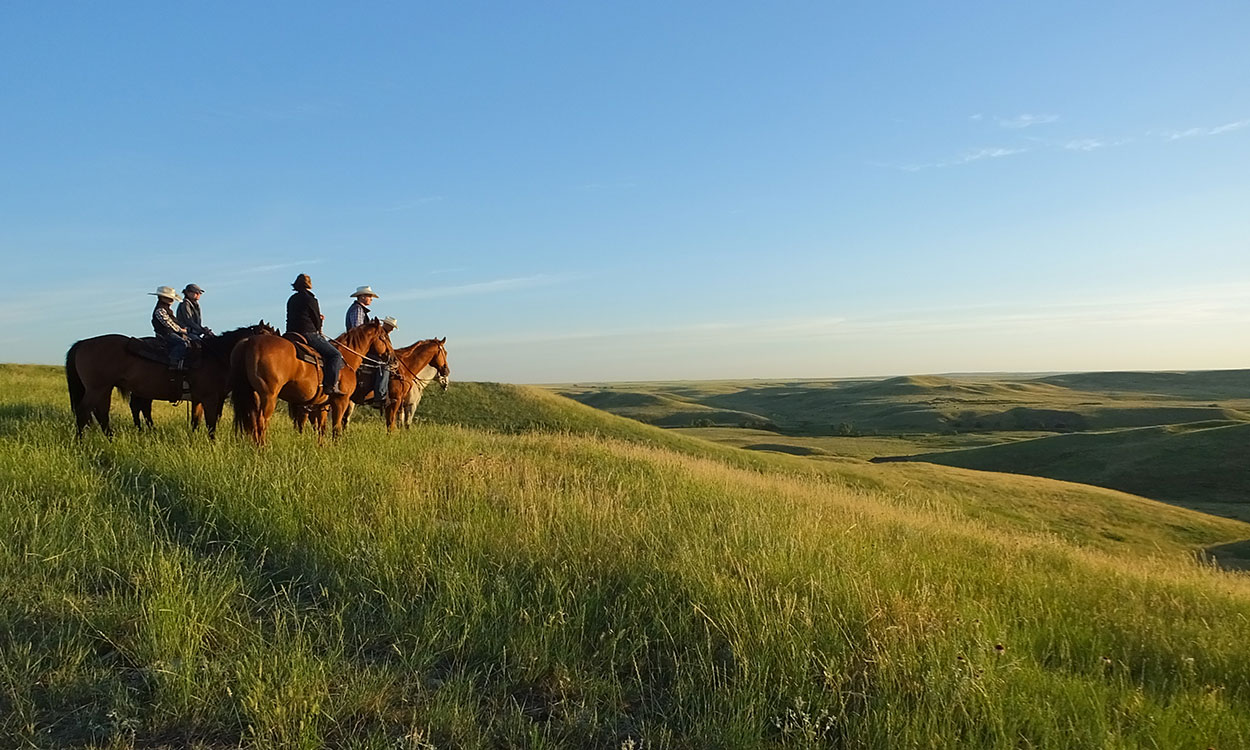 Group of ranchers on horseback surveying a vast, rolling rangeland.