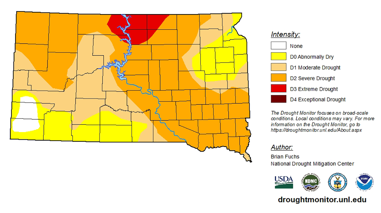 Map of South Dakota with varying colors indicating the level of drought that is being experienced.
