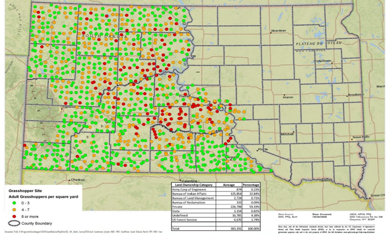 Map of South Dakota with green, orange, and red dots indicating grasshopper populations that were sampled in 2020.