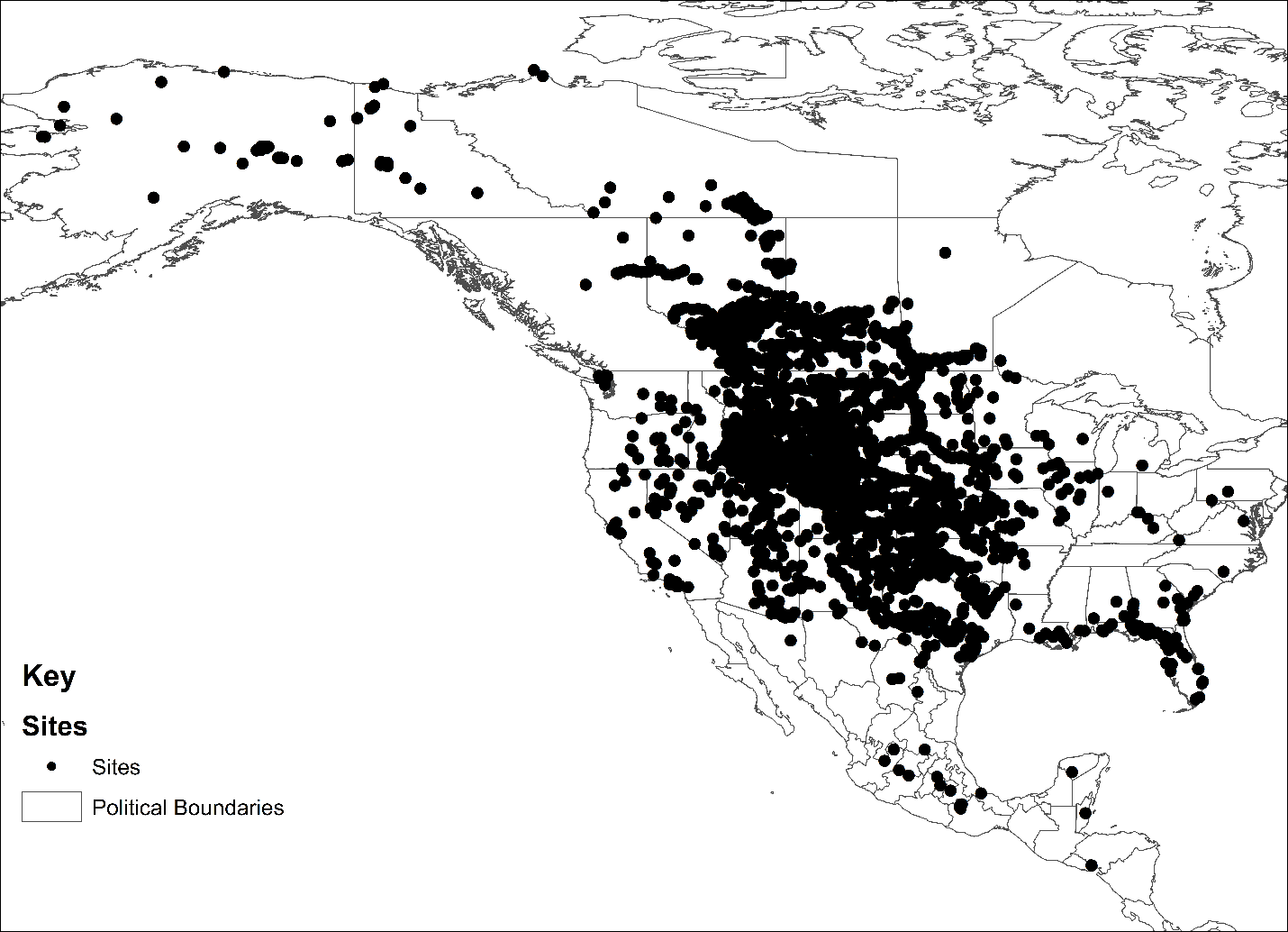 Map indicating the historic and prehistoric distribution range of North American bison (Bison bison) across Canada, United States, Mexico, Belize and El Salvador over the last 40,000 years. For a detailed description, call SDSU Extension at 605-688-6729