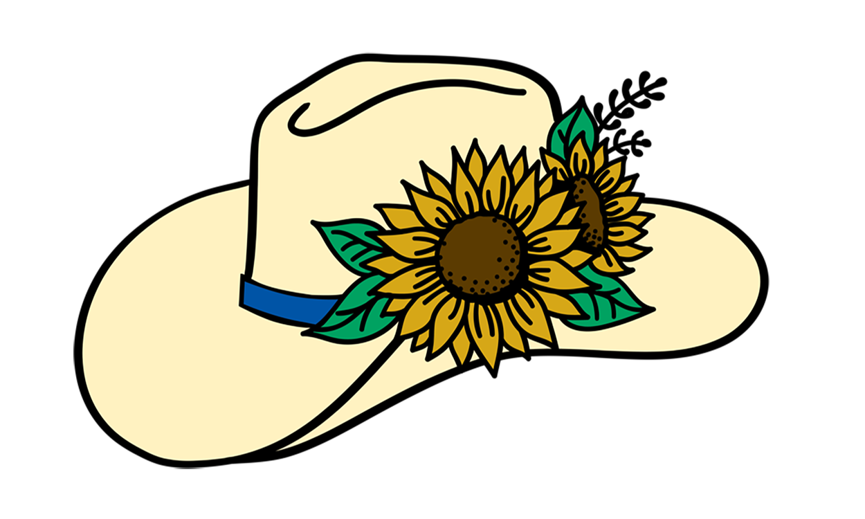 South Dakota Women on the Range Logo: A white cowboy hat with a blue band that has two sunflowers tucked in it.