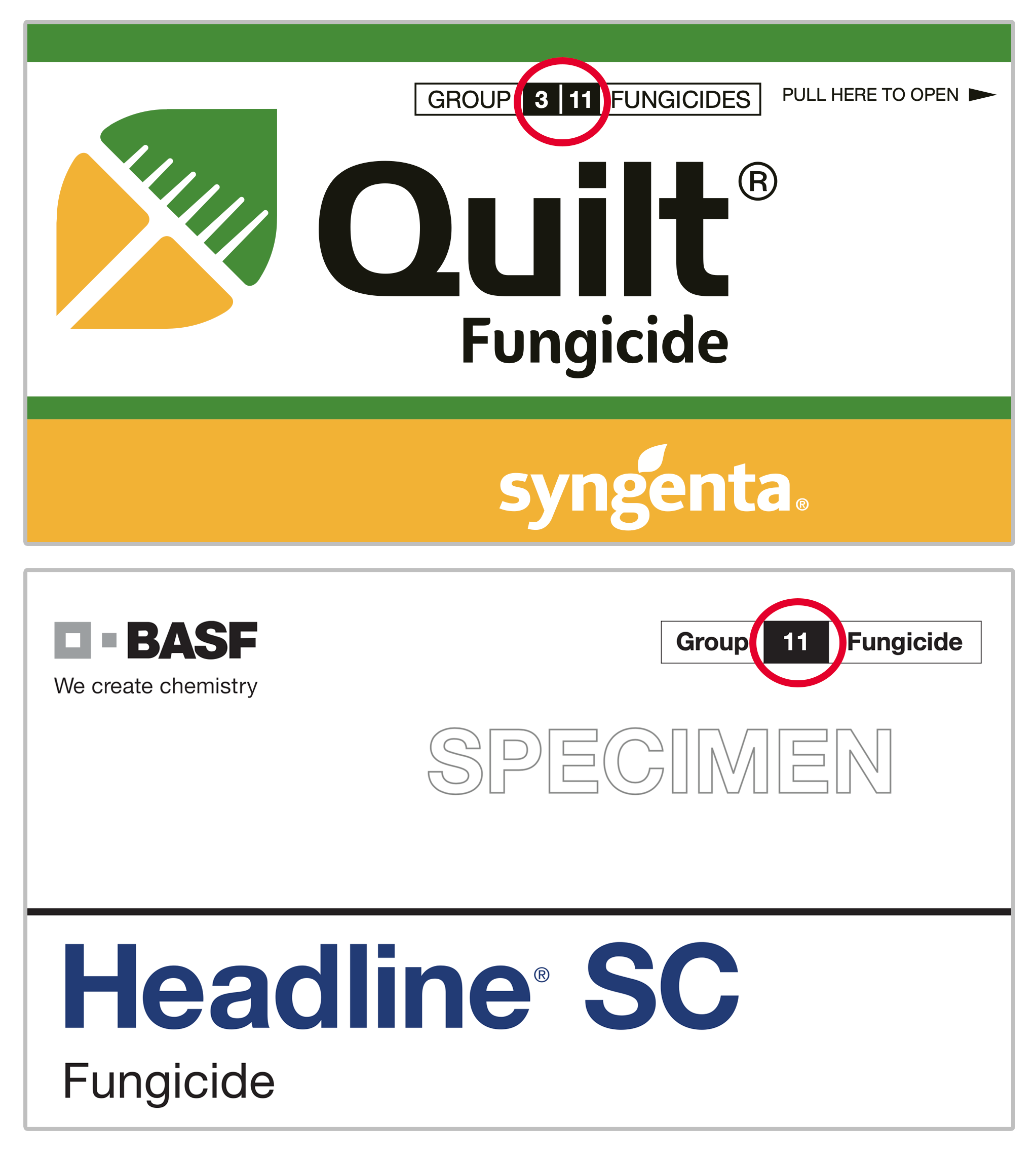 Two pictures of fungicide labels showing the FRAC code signifying mode of action.