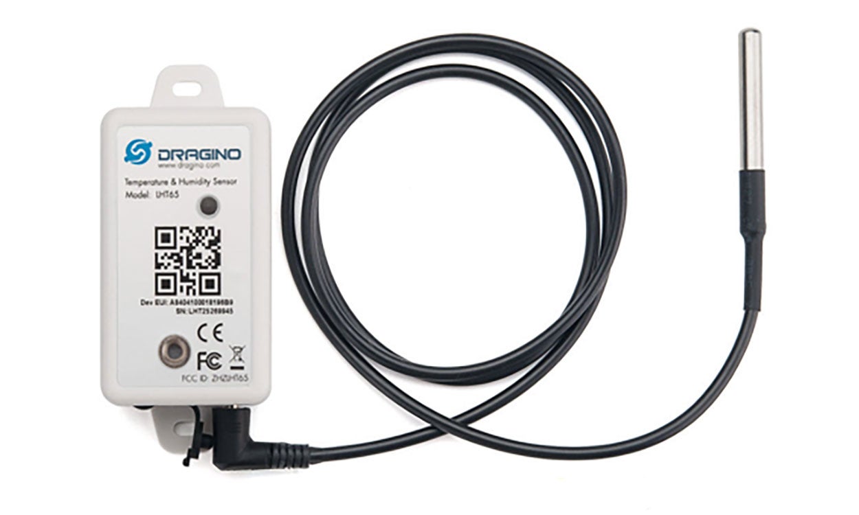The Dragino LHT65 LoRaWAN T/RH Sensor.