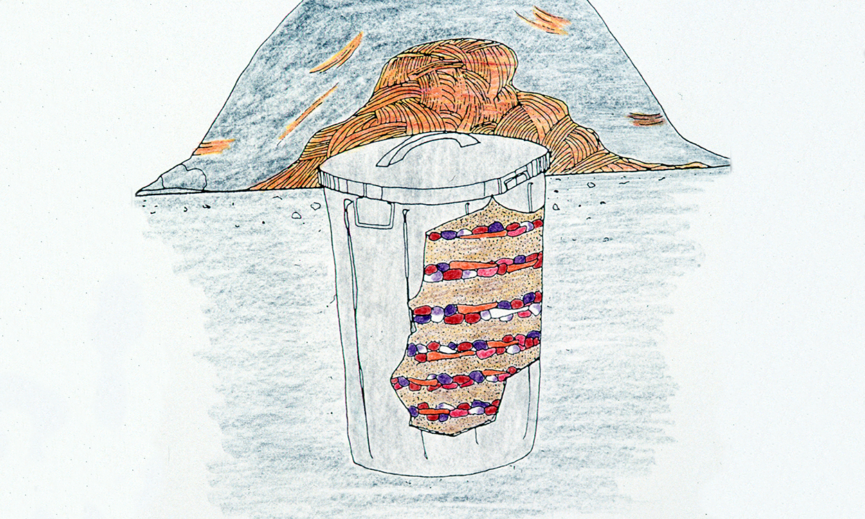 Diagram of a garbage can with layers of sand and root vegetables stacked inside. The can is safely covered with hay and garden soil.