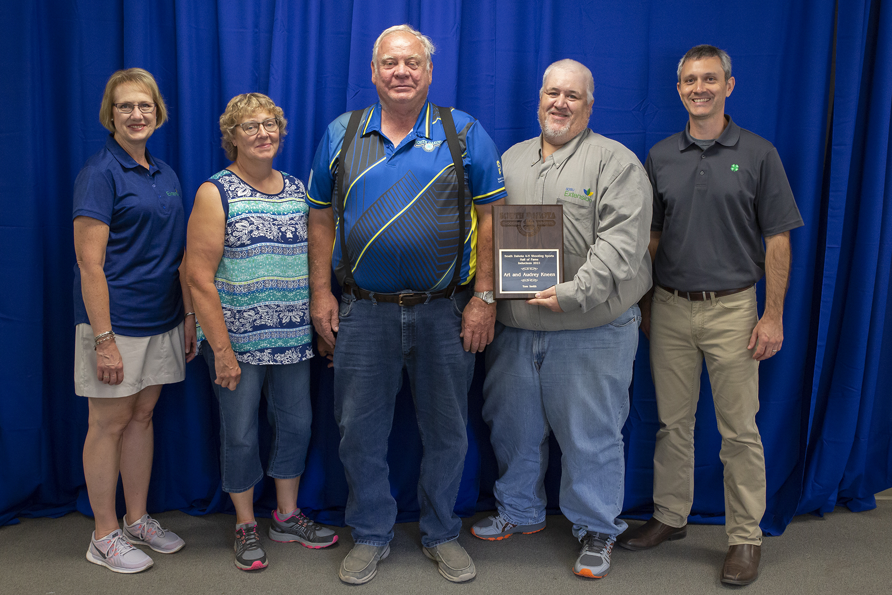 SDSU Extension Director Karla Trautman, 2021 Inductees Audrey and Art Kneen, SDSU Extension 4-H Youth Safety Field Specialist John Keimig and South Dakota 4-H Program Director Tim Tanner.