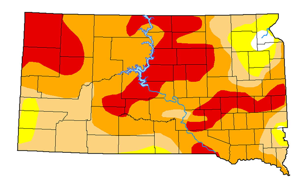 Color-coded drought monitor map of South Dakota. As of Aug. 31, Northwest and North Central South Dakota arefacing extreme drought, while the rest of the state is under abnormally dry to severe drought conditions. A Small portion of the northeast has adequate moisture.