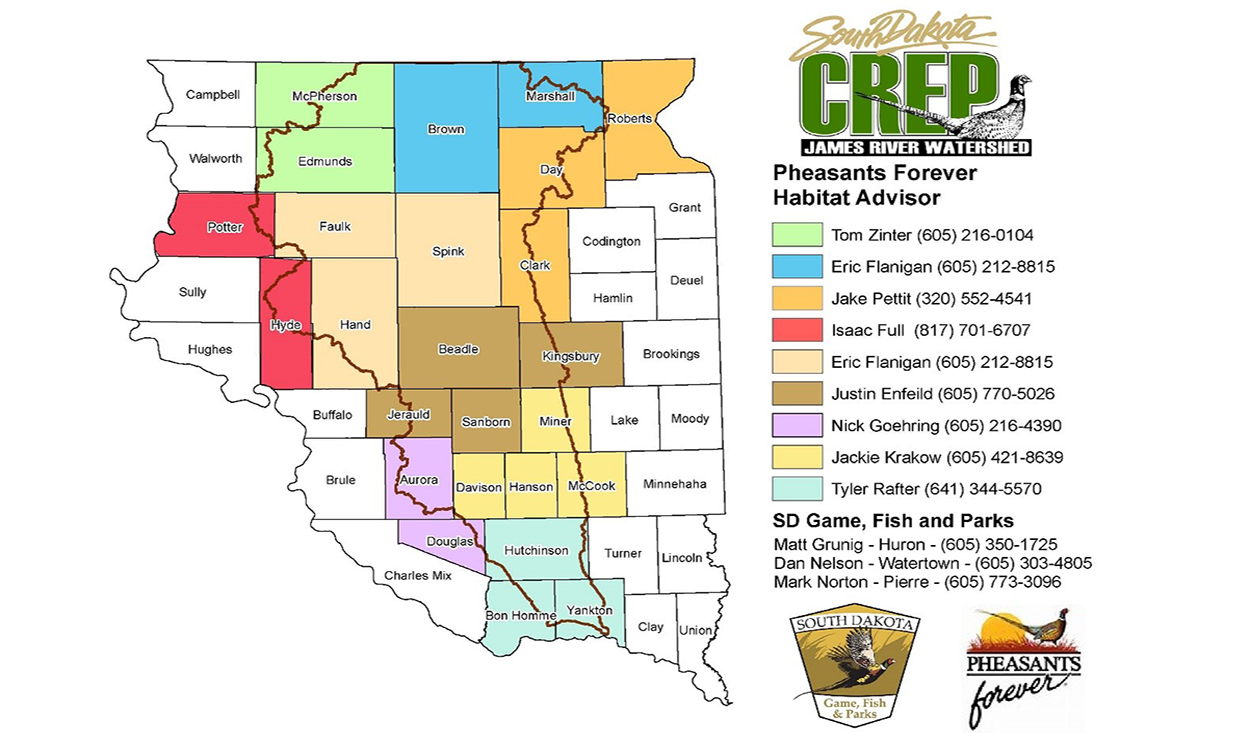 Color-coded map of the James River Watershed CREP program contacts featuring Pheasants Forever Habitat advisors for a number of South Dakota counties. For assistance in locating a contact, call SDSU Extension at 605-688-6729.