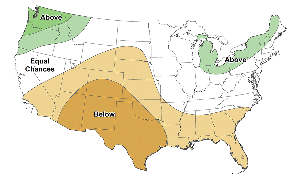 Color-coded map of the United States showing Precipitation outlook for October to December 2021. Odds are leaning towards drier than average conditions for most of South Dakota in the coming three months.