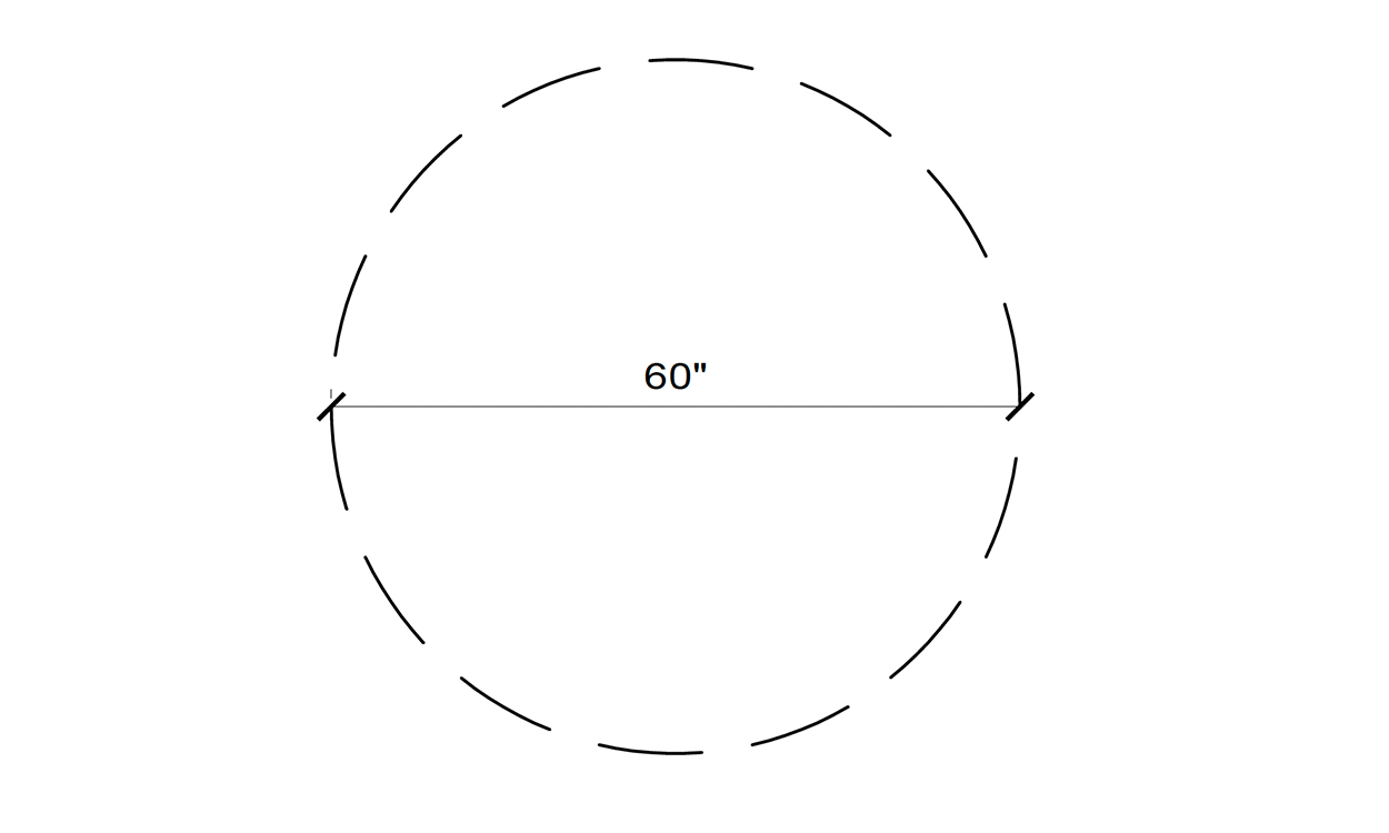 Circular turning space diagram featuring a hashed circle measuring 60 inches in diameter. For an in-depth description of this graphic, call SDSU Extension at 605-688-6729.