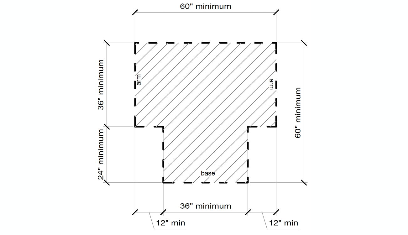 Diagram of a T-shaped space. The space is 60 inches wide at the top with two 36-inch arms, and a base that is 24 inches-long on each side with a 36-inch base. For an in-depth description of this graphic, call SDSU Extension at 605-688-6729.