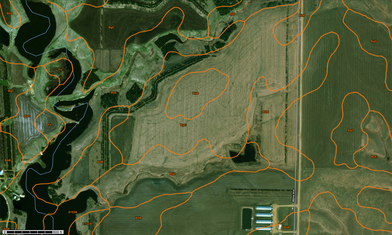 Sample USDA NRCS Web Soil Survey output. Orange boundaries mark different soil zones on a satellite photo.