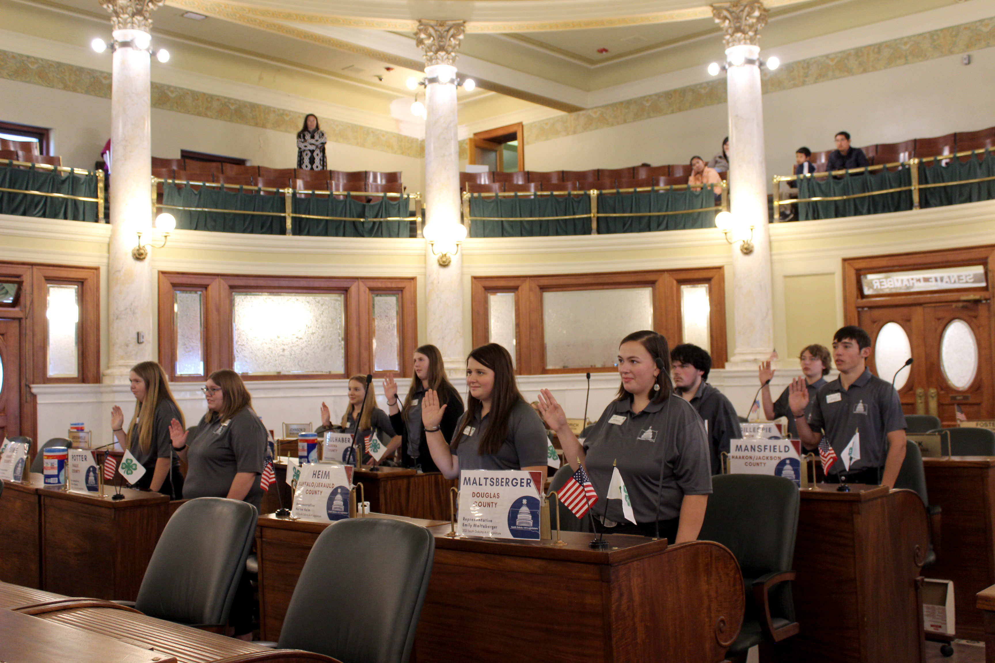 Group of 4-H youth being sworn in in the state legislative chamber in Pierre South Dakota