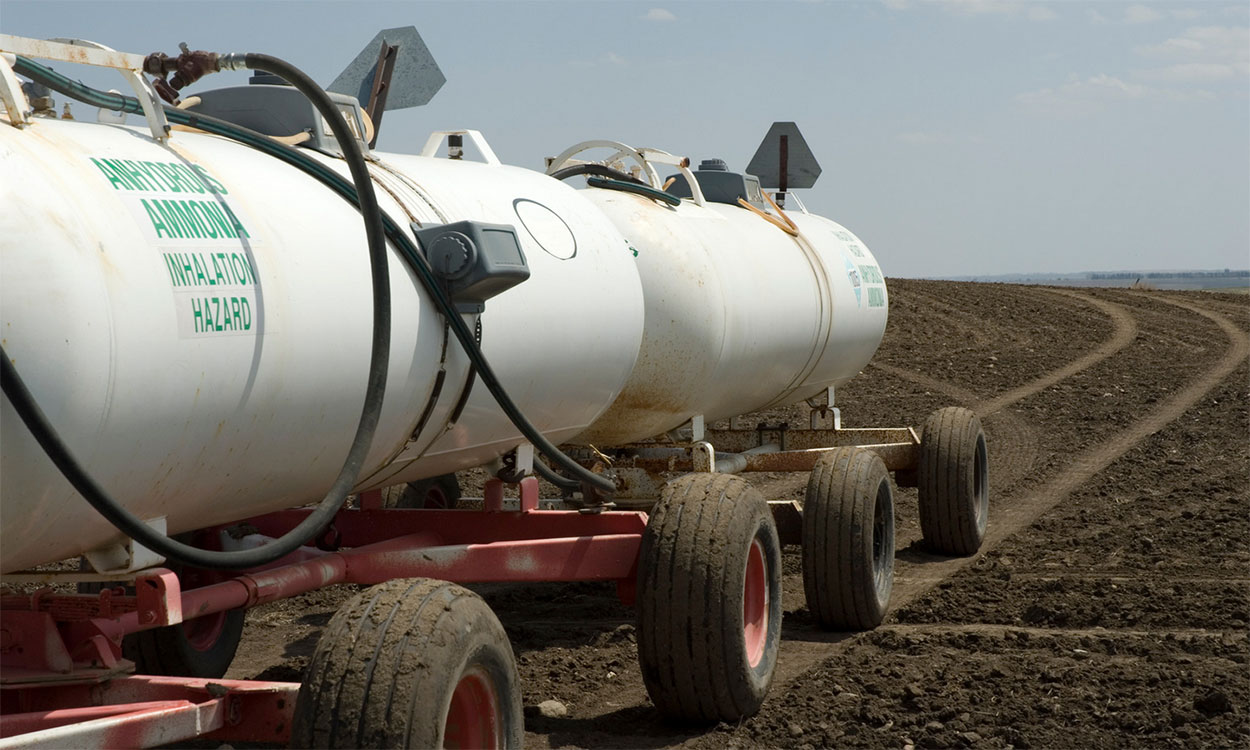 Tanks of anhydrous ammonia being pulled to a field for fertilizer application.