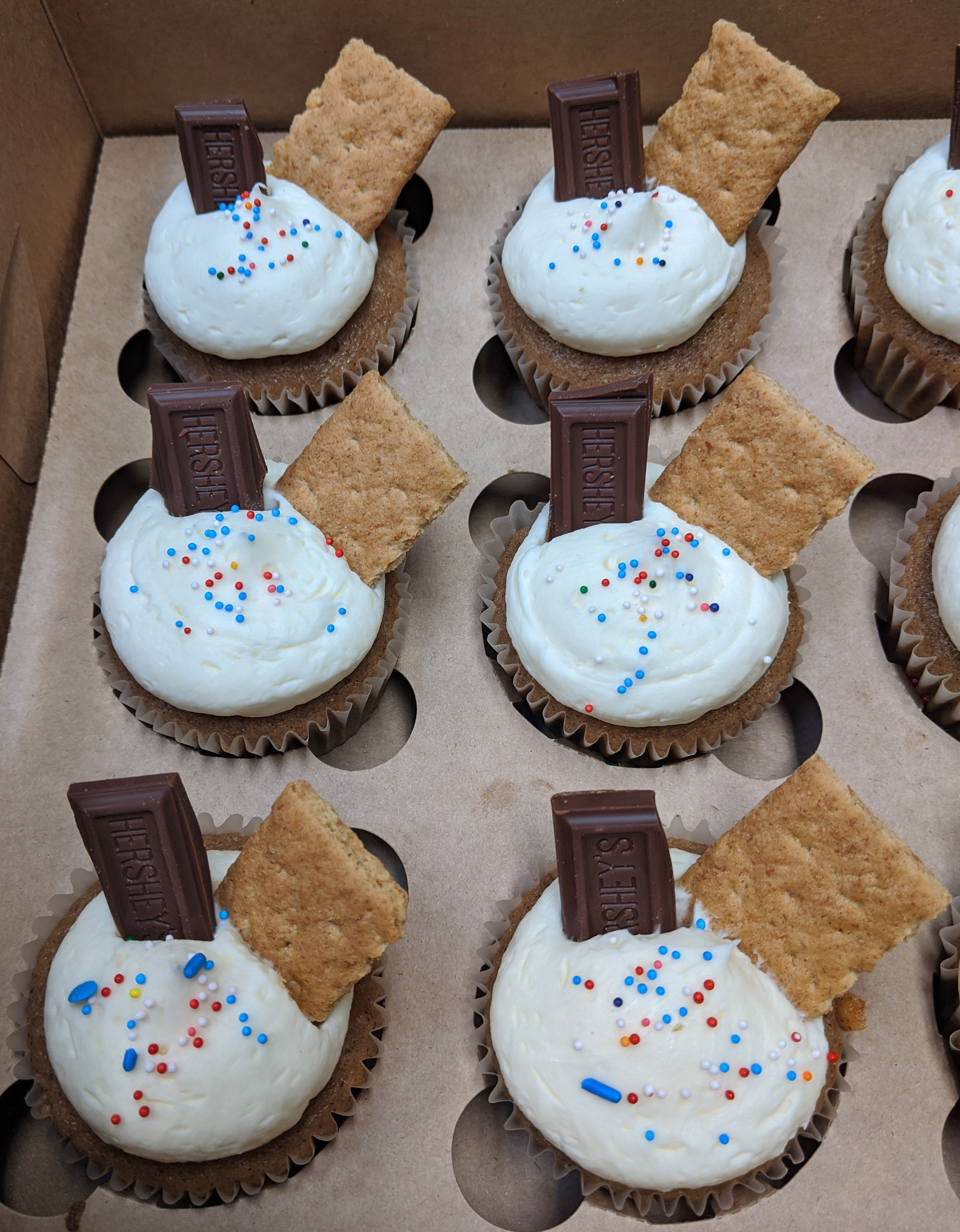 Several s'mores cupcakes arranged in a baking tin.