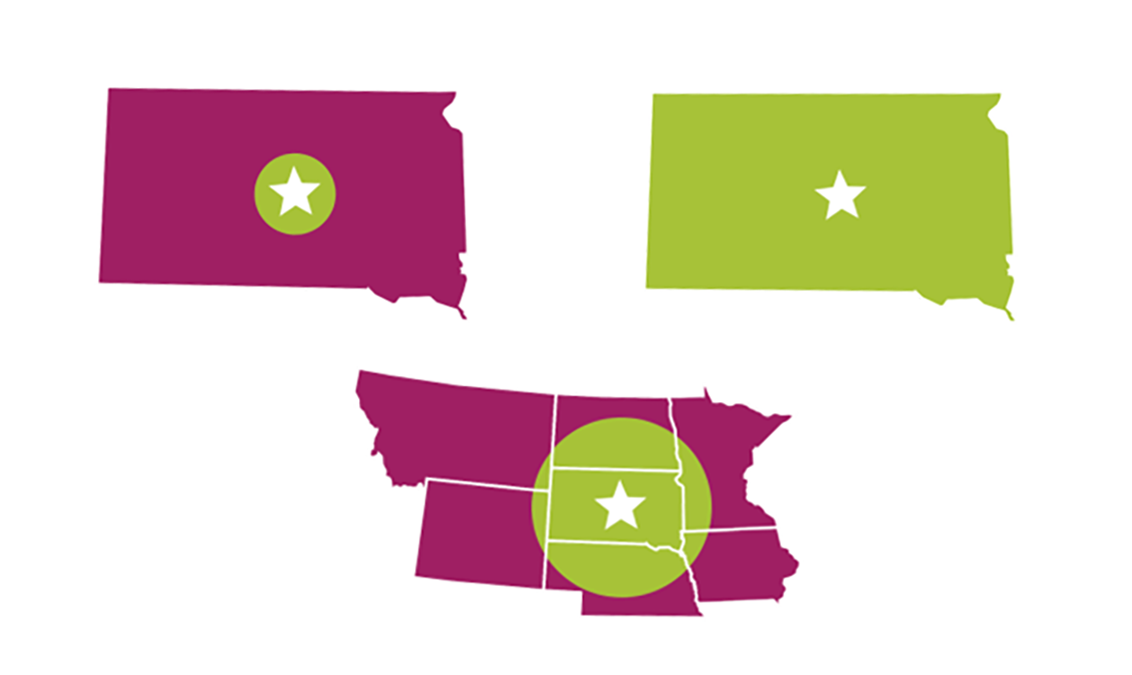 Three maps showing local models for farm to school programing. From left: Regional map including South Dakota and parts neighboring states. State model including all of South Dakota. Localized model including Pierre and a radius around it.