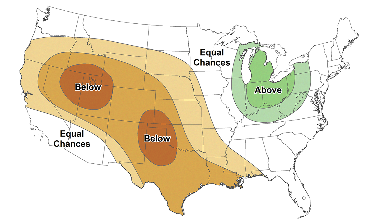 Color-coded map of the United States showing precipitation outlook for April to June 2022.