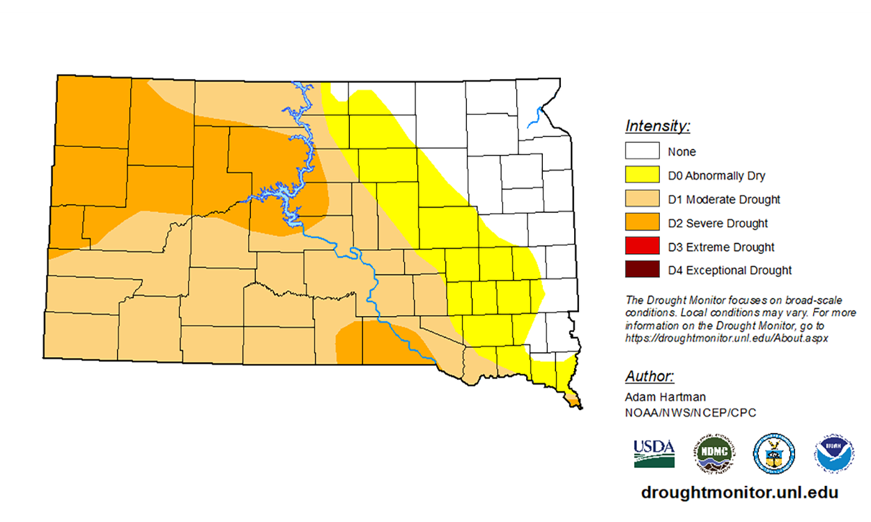 Color-coded drought monitor map of South Dakota. As of March 22, northwest to southeast South Dakota are facing severe drought to abnormally dry conditions, while the northeast is under normal conditions.
