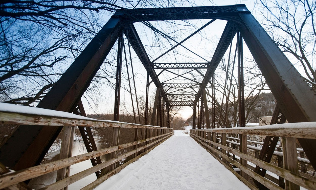 Snow-dusted bridge along a bike/ski path in Lanesboro, Minnesota.